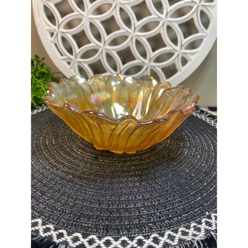 Amber Carnival Glass Sunflower Bowl Iridescent Marigold‎ Scalloped Edge 7.5"